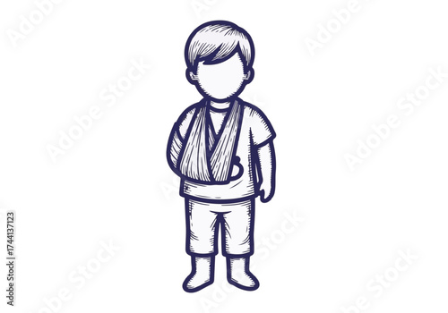 Young boy with arm in sling standing confidently, wearing casual clothing, showcasing resilience and determination in a playful, cartoonish illustration style