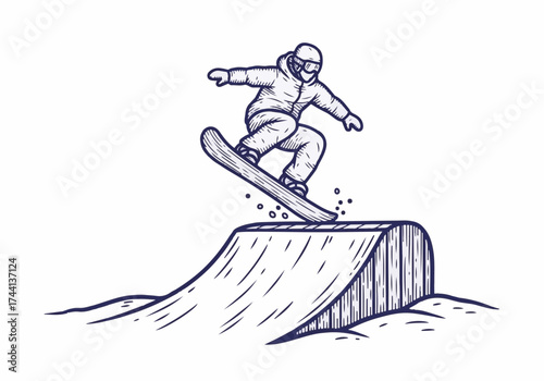 Snowboarder performing a dynamic jump over a snowy ramp, showcasing winter sports excitement and athleticism in a cold, snowy environment with a sense of adventure