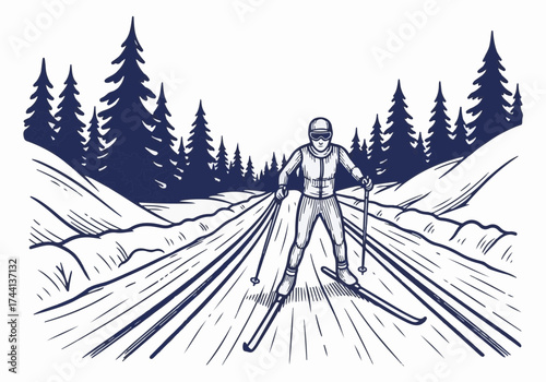 Skier in winter landscape, navigating snowy trails surrounded by evergreen trees, showcasing the thrill of winter sports and outdoor adventure in a serene environment