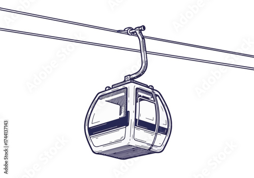 Cable car gondola suspended above snowy landscape, showcasing winter scenery with mountains in the background, representing winter travel and adventure in a serene environment