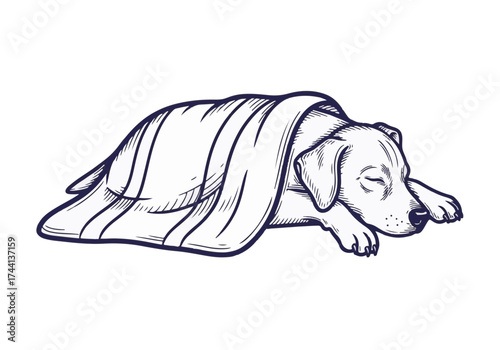 Sleeping dog wrapped in cozy blanket, resting peacefully on a soft surface, embodying warmth and comfort during the cold winter season, perfect for winter-themed concepts