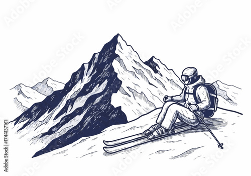Skier in winter gear resting on snowy slope, surrounded by majestic mountain peaks, showcasing the beauty of winter sports and outdoor adventure