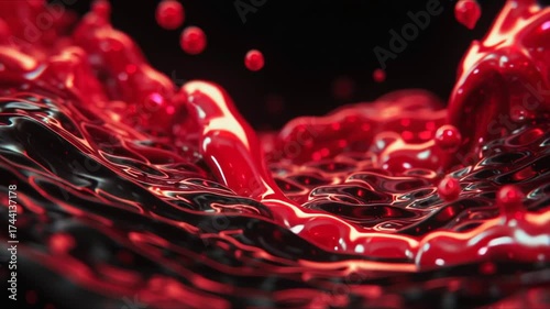 Extreme contrast red and black abstract motion video. Red energy waves or liquid forms collide and ripple over a deep black background, forming bold textures and dynamic shapes