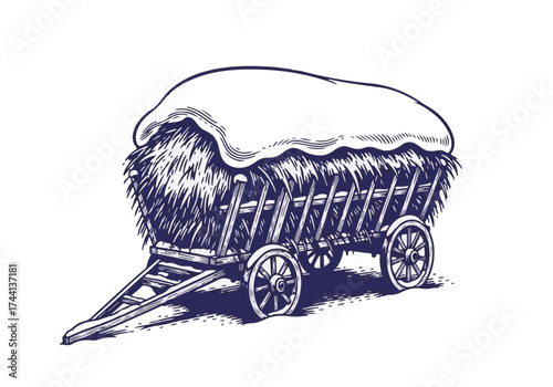 Winter scene featuring a vintage wooden cart filled with hay, topped with a layer of snow, showcasing rustic charm and seasonal beauty in a serene landscape