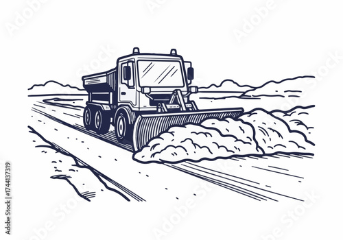 Snow plow truck clearing snow from a winter road, showcasing powerful machinery in action, creating a path through the winter landscape with snow-covered surroundings