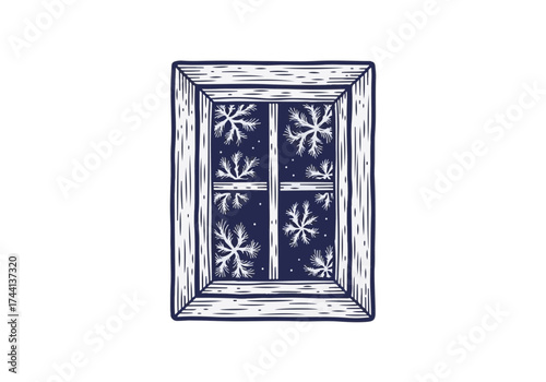 Winter window illustration featuring frosty patterns on glass, surrounded by a rustic wooden frame, evoking a cozy and serene atmosphere during the cold season