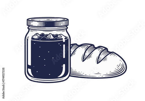 Jar of dark jam with visible fruit pieces beside a freshly baked loaf of bread on a clean surface, showcasing a delightful winter breakfast concept