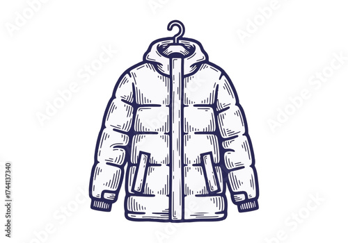 Warm winter puffer jacket hanging on a hook, featuring a cozy hood, quilted texture, and spacious pockets, ideal for cold weather fashion and outdoor activities