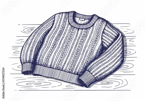 Cozy knitted sweater with intricate patterns, resting on a wooden surface, showcasing warmth and comfort, perfect for winter fashion and seasonal wear