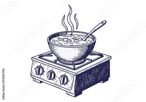 Bowl of steaming soup on a gas stove, with a spoon resting inside, showcasing warmth and comfort during winter, perfect for cozy meal concepts and culinary warmth