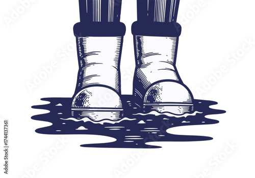Winter boots standing in a puddle, showcasing water resistance and durability, with reflections creating a serene atmosphere in a seasonal outdoor setting