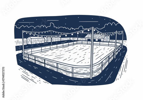 Winter ice skating rink illustration with festive lights and wooden fence, surrounded by snow-covered landscape, capturing the essence of seasonal joy and outdoor activities