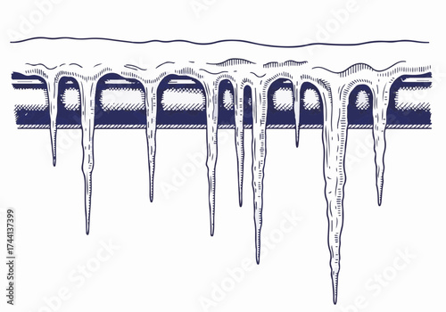 Icicles hanging from a wooden beam, showcasing intricate frozen formations, reflecting winter's chill and beauty, creating a serene and tranquil atmosphere with copy space
