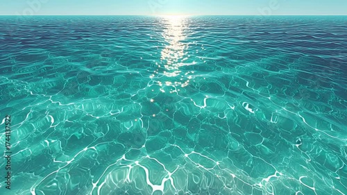 Shimmering Aquamarine Ocean Surface with Radiant Sunlight Reflection on Clear Water Background