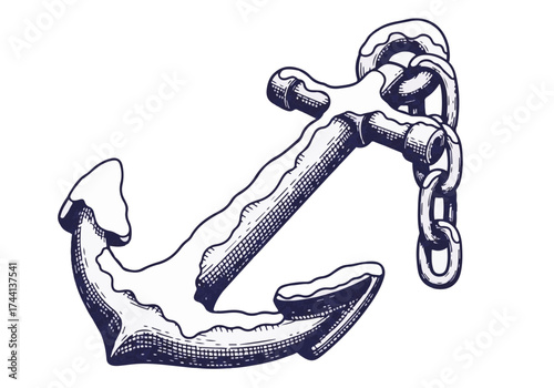 Vintage nautical anchor illustration with intricate details, showcasing a weathered texture and chain, symbolizing strength and stability in maritime themes