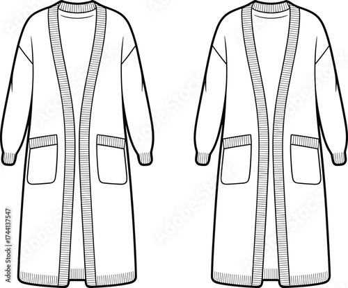 Front Technical Sketch of Long Cardigan Sweater with Ribbed Open Front, Ribbed Cuffs, Ribbed Hemline, Long Sleeves, and Patch Pockets for Fashion Illustration