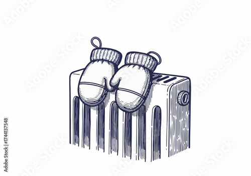 Cozy mittens resting on a vintage radiator, showcasing warmth and comfort during winter, evoking feelings of nostalgia and seasonal charm in a home setting