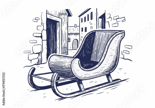 Sleigh resting on cobblestone street, surrounded by historic buildings, showcasing winter charm and inviting nostalgia for seasonal festivities and outdoor adventures