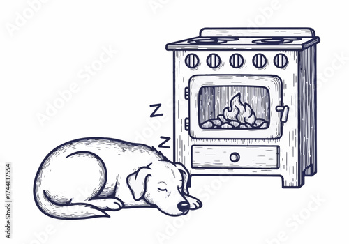 Cozy dog sleeping peacefully beside a warm stove, with gentle flames flickering, creating a serene winter atmosphere, perfect for conveying warmth and comfort
