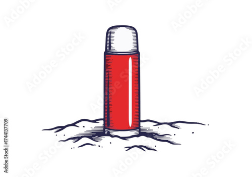 Red thermos bottle standing upright in a snowy landscape, surrounded by soft white snow, evoking a cozy winter atmosphere and outdoor adventure concept