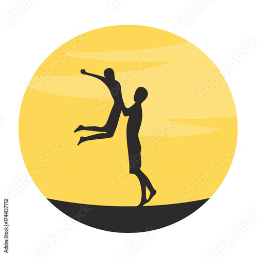 Couple Silhouette against Golden Sun or Moon Circle. Man Lifting Woman in Joyful Embrace. Romantic Vector Logo or Icon for Love, Relationship, and Travel Concepts.. Adobe Illustrator Artwork