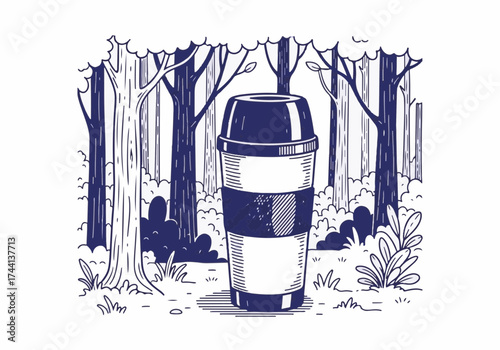 Large coffee cup standing in a serene winter forest, surrounded by tall trees and soft snow, creating a cozy atmosphere for warm beverages in nature