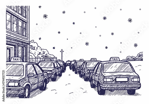 Winter scene featuring lined taxis on a snowy street, surrounded by buildings and falling snowflakes, creating a cozy urban atmosphere with winter charm