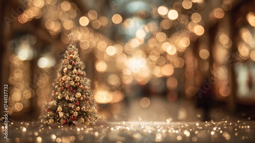 Fototapeta Naklejka Na Ścianę i Meble -  Christmas tree with lights on a street at night with the streets in the background with out-of-focus Christmas lights