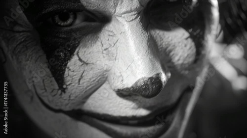 High contrast black and white cinematic video, close-up of a clown’s face. The clown smiles faintly through tears, the expression a complex mix of sadness, weariness, and forced chee