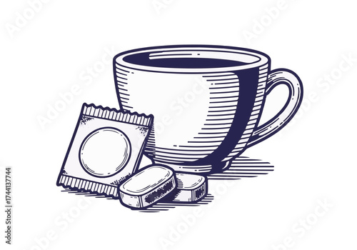 Warm cup of herbal tea with soothing lozenges and a packet, inviting comfort and relaxation during winter, perfect for cozy moments and self-care routines