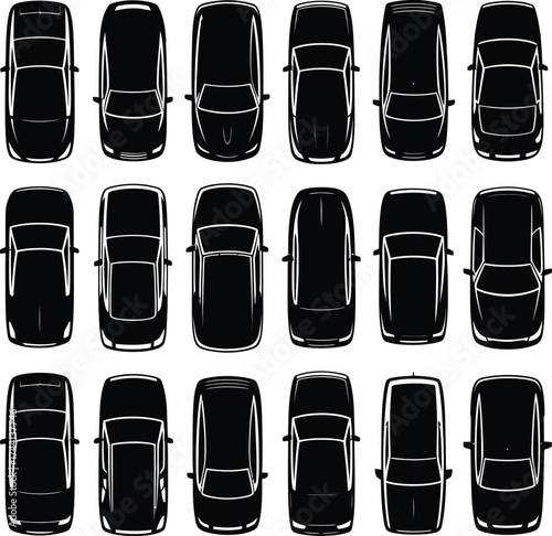 Top View Vehicle Silhouettes: Large Vector Set of Cars, SUVs, Minivans, and Vans for Navigation Maps

