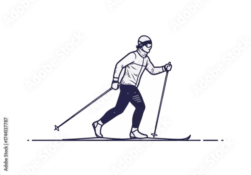 Winter sports athlete, dressed in warm gear, skiing on a snowy trail, showcasing dynamic movement and determination in a serene winter landscape with copy space