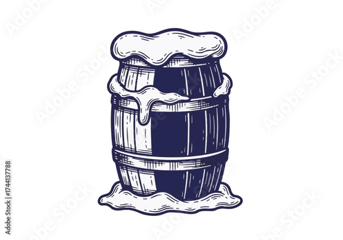 Wooden barrel covered in snow and frost, showcasing rustic winter charm, evokes a cozy atmosphere and seasonal warmth in a snowy landscape