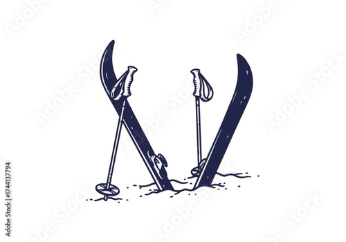 Ski equipment with poles is partially buried in fresh snow, showcasing winter sports gear and the essence of a snowy landscape, perfect for winter activities