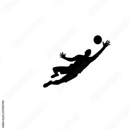 Silhouette of a soccer goalkeeper diving to make a save against a white background