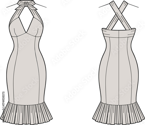 Front and Back Technical Sketch of Sleeveless Halter Dress with Deep V-Neckline, Crisscross Straps, Vertical Seams, and Wide Pleated Hem Ruffle Construction Detail