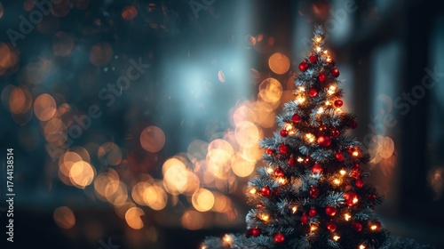 Fototapeta Naklejka Na Ścianę i Meble -  Christmas tree with lights on a street at night with the streets in the background with out-of-focus Christmas lights