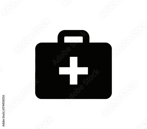 Medical kit with white cross symbol over black bag on white background