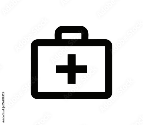 Simple Icon of a Black First Aid Kit with a White Cross on a White Background