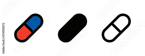 Pill Icons Featuring Solid, Outline, and Two-Tone Designs Against a White Background