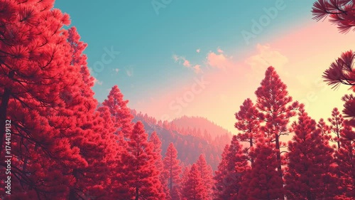 Vibrant Red Forest at Sunrise with Mist and Distant Mountains in the Background