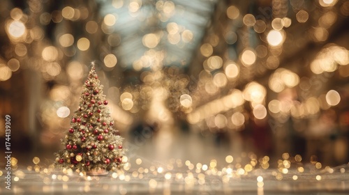 Fototapeta Naklejka Na Ścianę i Meble -  Christmas tree with lights on a street at night with the streets in the background with out-of-focus Christmas lights