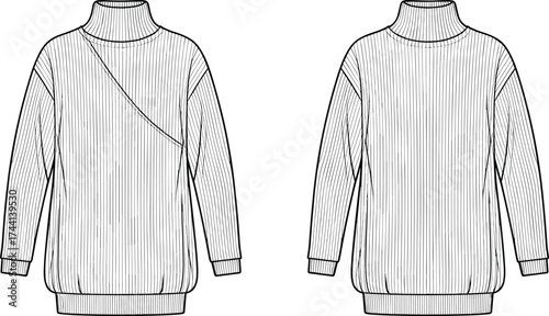 Front and Back Technical Sketch of Ribbed Sweater with High Neckline, Long Sleeves, Ribbed Cuffs, Ribbed Hemline, and Asymmetrical Diagonal Seam Construction Detail