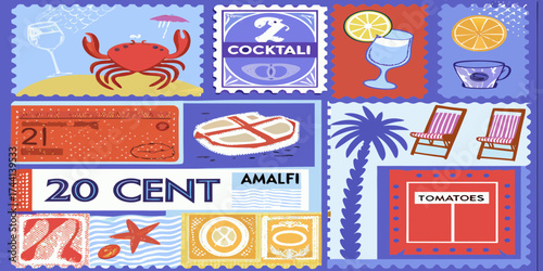 Collection of colorful postage stamps depicting beach vacation and italian coastal town themes