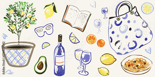 A vibrant watercolor illustration of a still life arrangement with a lemon tree wine fruit and a book