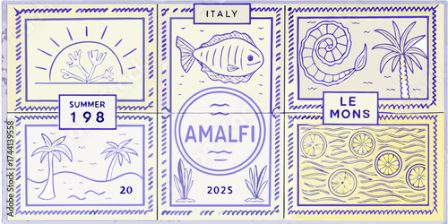 Charming hand drawn illustration of amalfi coast italy with iconic symbols and text