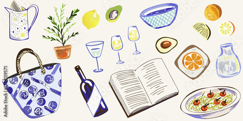A charming watercolor illustration of food and drink items with a book and tote bag