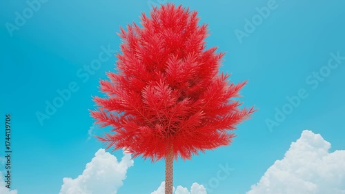 Vibrant Red Tree Against a Bright Blue Sky with Fluffy Clouds on a Sandy Landscape