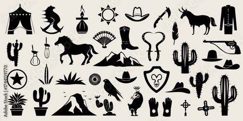 Collection of black silhouette icons representing the american wild west and cowboy culture