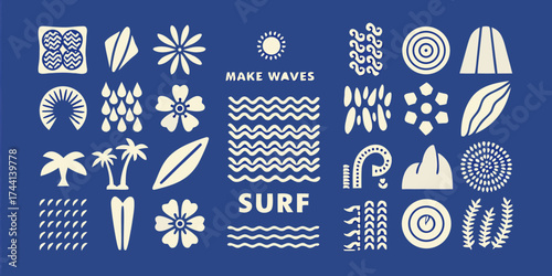 Collection of stylized surf and tropical icons with the words make waves and surf on a blue background